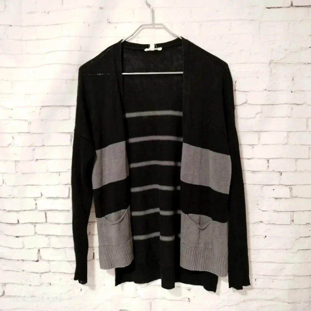 Eileen Fisher Sz XS Women's Cardigan Linen Long Sleeves Gray Black Striped Hi-Lo